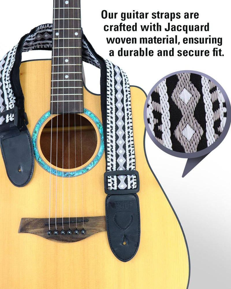 Guitar Accessories Gift Box for Acoustic and Electric Guitars, Black & White Jacquard Weave Guitar Strap, Picks, Capo, Tuner, Cleaning Cloth, 5-in-1 Essential Gift