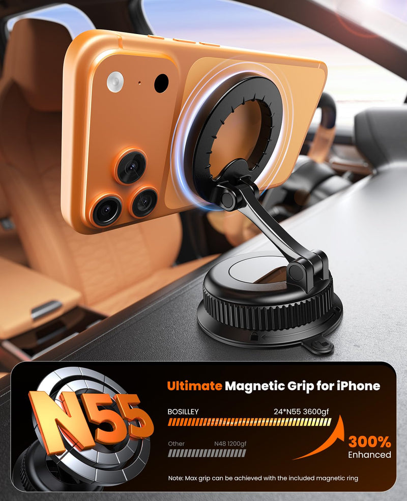 Magnetic Car Phone Holder, for MagSafe Car Mount, Nano Gel Suction Car Phone Mount for Dashboard, Cell Phone Stand for Your Car, 360°Rotatable & Foldable for iPhone 17 16 15 14 13 12 Series Black Nano-Gel Grip