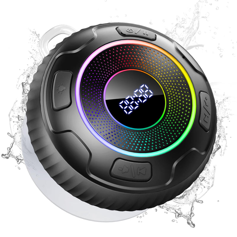 Hupoaf Bluetooth Shower Speaker, Bluetooth Speaker 5.3, 6D Sound, Portable Speaker with Suction Cup/Hook, IPX7 Waterproof, with LED Light/Time Display, for Outdoor/Party/Bathroom//Kayak/Gift Black
