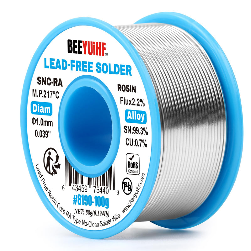 BEEYUIHF Solder Wire, Lead-Free, Sn99.3 Cu0.7 Solder with Flux, Electronic Solder Wire with Rosin Core (1.0 mm, 100 g)