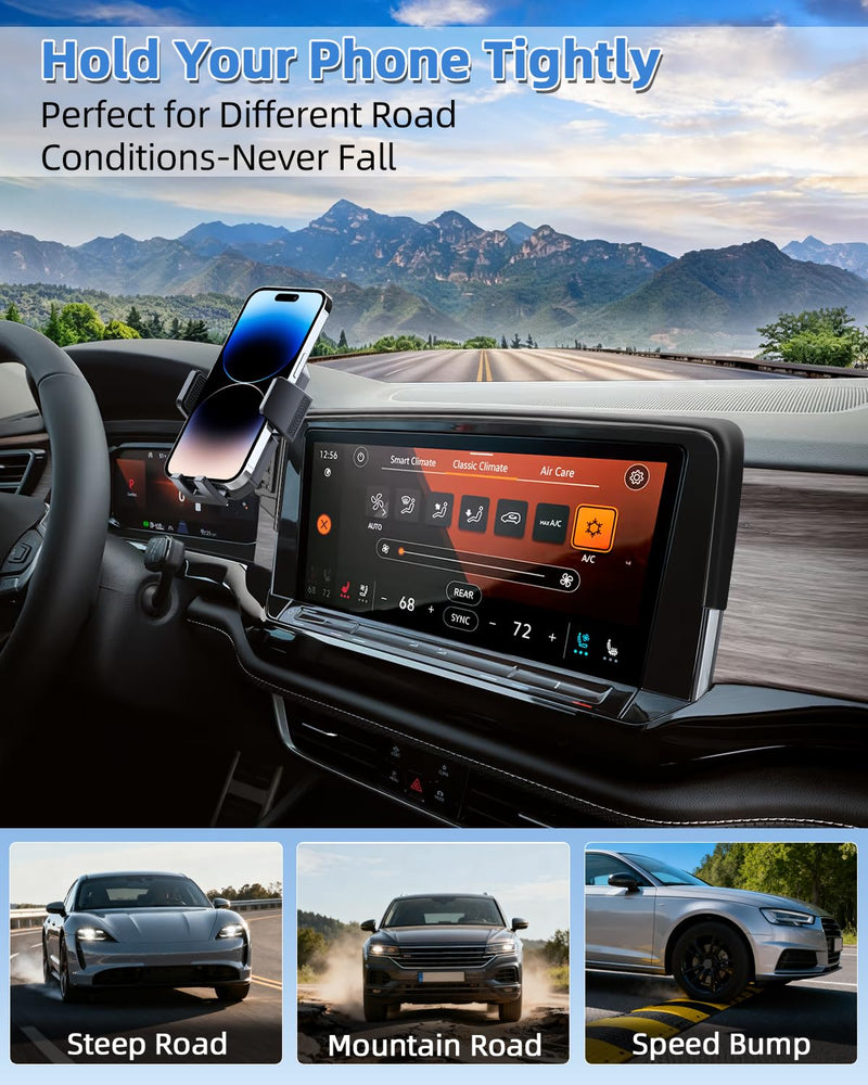 PZK Car Phone Mount for 2024-2026 VW/Volkswagen Atlas/Altas Cross Sport | SE/SEL/Premium R-Line /R-Line Accessories 12-inch Screen Auto Lock Phone Holder 360° Rotation Not Affect Vent Phone Stand Without Extension Rod