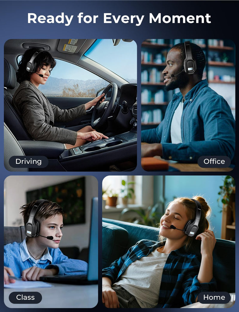 [AUSTRALIA] - Bluetooth Headset, 60Hrs Working Time with Noise Canceling, Trucker Wireless Headset with Mic & Mute, Voice Control, Bluetooth Headphones Multipoint for Truck Driver, Office, CallCenter, Phone/PC Black 