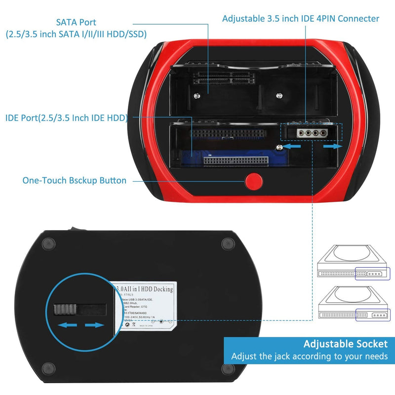 Tccmebius Hard Drive Docking Station, TCC-S868-US USB 3.0 to 2.5 3.5 Inch SATA IDE Dual Slots External HDD Enclosure, for 2.5" 3.5" IDE SATA I/II/III HDD SSD