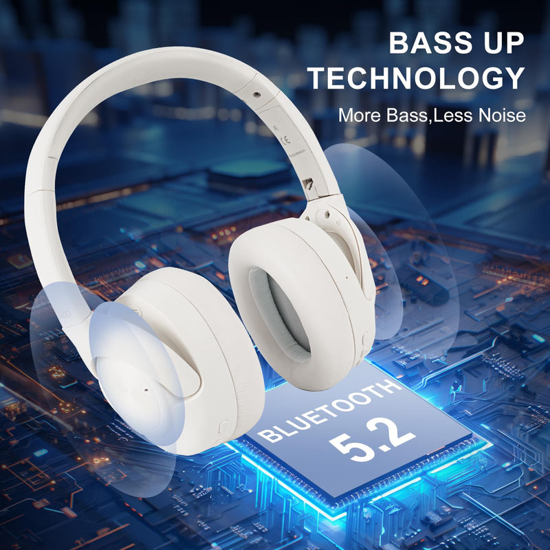 Active Noise Cancelling Headphones: Hybrid Bluetooth Headphones Over Ear with HiFi Audio - Wireless Headset 60H Playtime for Android Bluetooth Devices (White) White