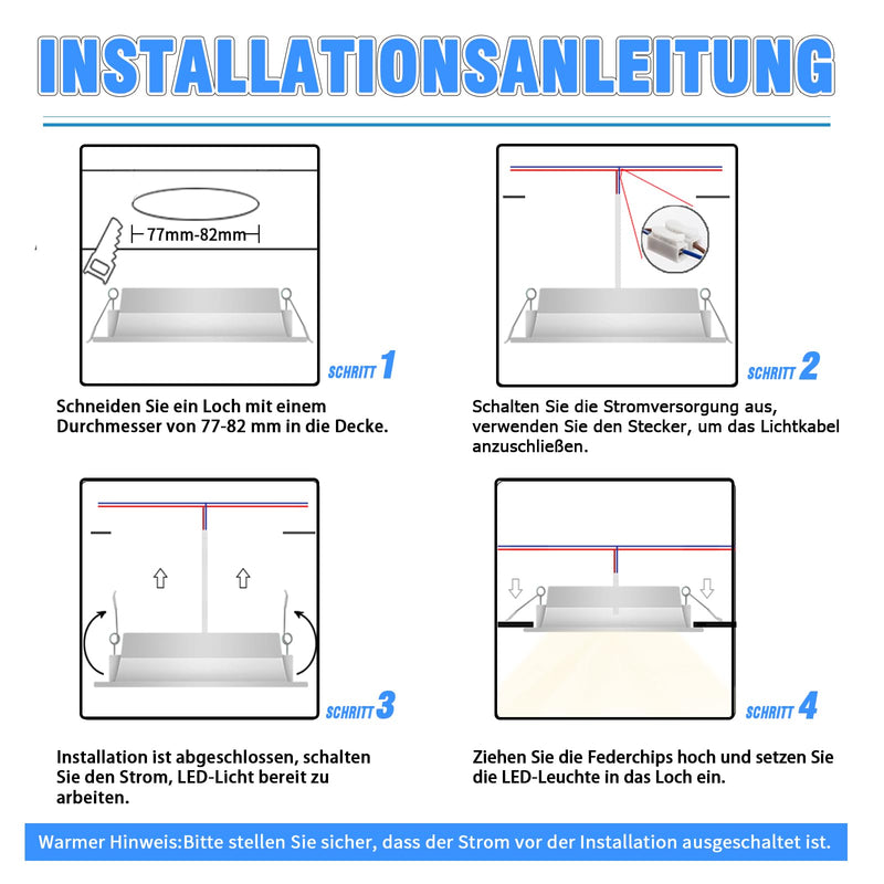 WeshLMPO LED Recessed Spotlights, 230 V, Flat Set of 6, 4 W Ceiling Spotlights, LED Spotlights, IP44 Ceiling Spotlights, LED Recessed Lights, 350 Lumens, Warm White, 3000 K, for Bedroom, Bathroom, 3000k Warm White 4W / 6er Set