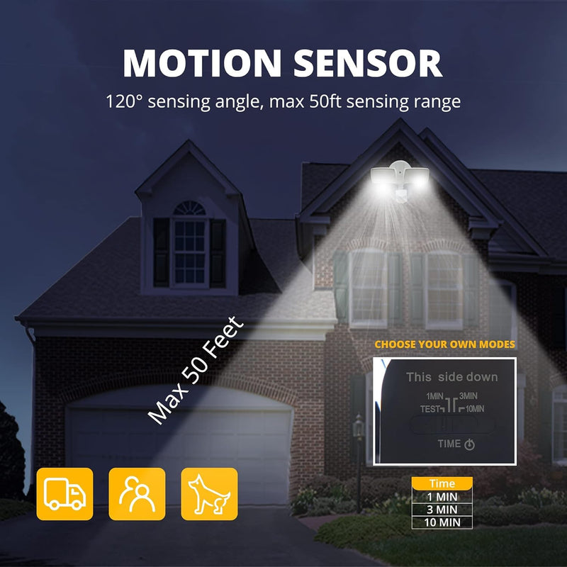 UME 19W LED Security Lights Motion Sensor Light Outdoor, 2000LM Motion Flood Light, 5000K, IP65 Waterproof, 2 Adjustable Head Motion Detector Security Light for Exterior,Outside,Garage,Yard(White) 1pack White