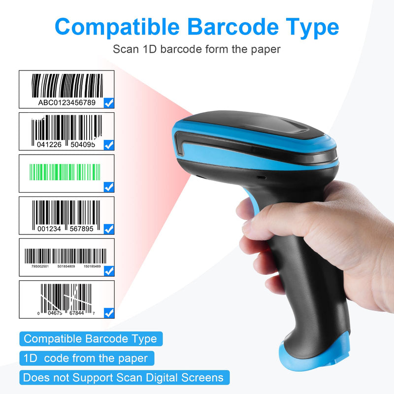 [AUSTRALIA] - Barcode Scanner Wireless, 1D Laser Barcode Reader with Stand 2.4G Wireless & USB Wired Connection 2 in 1 Plug and Play Handheld Bar Code Scaners 1D Blue 