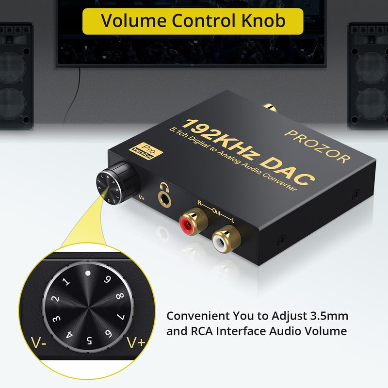 PROZOR 192kHz Digital to Analog Audio Converter Support Dolby AC-3 DTS 5.1CH with Volume Adjustable, Optical to RCA DAC Decoder, Digital DAC Converter SPDIF TOSLINK to Stereo L/R & 3.5mm Jack small DAC Support Dolby AC-3 DTS 5.1CH