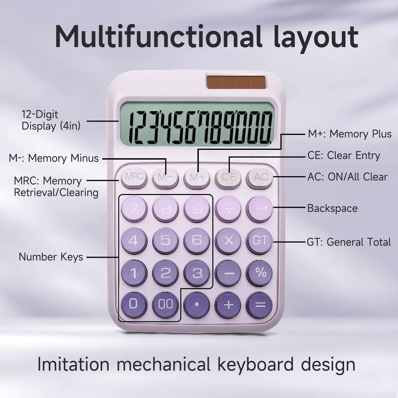 Desk Calculator,12 Digits, Large LCD Display,Big Buttons,Solar and Battery Dual Power Desktop Calculators,Cute and Aesthetic,Suitable for Office and Study (Ombre Purple, M) Ombre Purple