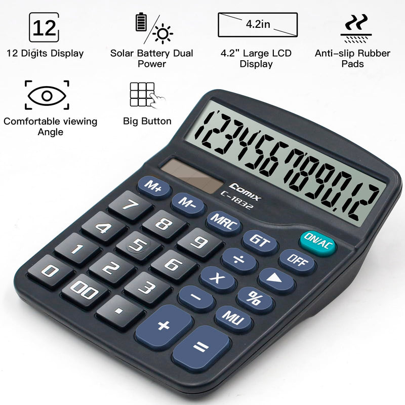 Comix Desktop Calculator 12 Digit with Large LCD Display and Big Button, 12 Digits Baisc Calculator, Solar Battery Dual Powered, for Office Home School C-1832 (Black) Black