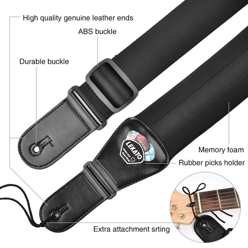 LEKATO Bass Guitar Straps for Electric Guitar & Bass 3" Wide Bass Strap Padded Guitar Straps Adjustable Length from 45" to 55" Bass Guitar Strap with Pick Holder 2 Safety Strap Locks & 6 Picks Regular(45"-55") Black