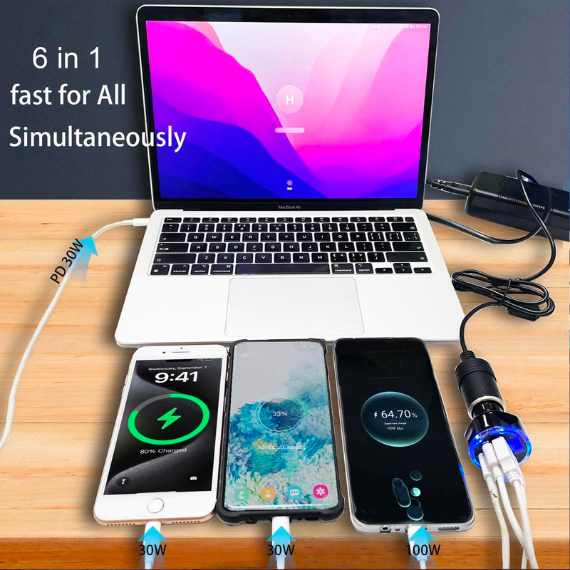 Full PD 30W Multi Port USB C Car Charger Adapter 6 in 1 with Voltage Display, PD4.0/QC4.0/PPS/AFC Super Fast Charging Cigarette Lighter Adapter with Volt Meter for MacBook iPhone Galaxy Android Phones Black