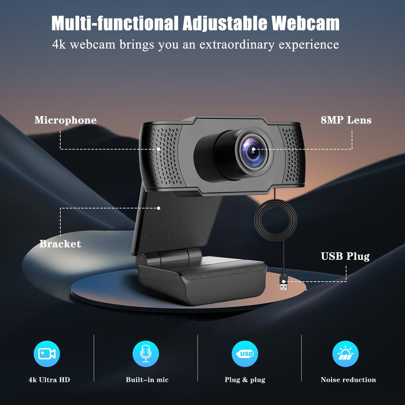 [AUSTRALIA] - 4K Webcam for PC, Ultra 4K HD Web Cam, Dual Noise-Canceling Mics, Auto Light Correction, Wide Angle Streaming Camera,Plug and Play for Video Calling/Conferencing/Zoom/Skype/Teams 4k Black Updated 