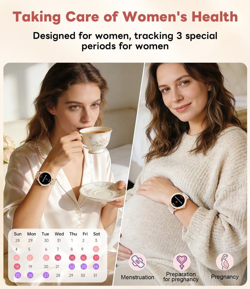 Smart Watch for Women Diamond, Bluetooth Calls, 1.32-inch HD Screen Round Fitness Tracker with Menstrual Cycle/Sleep/Heart Rate Monitor, 100+ Sports Mode, Android/iOS Phone, Rose Gold