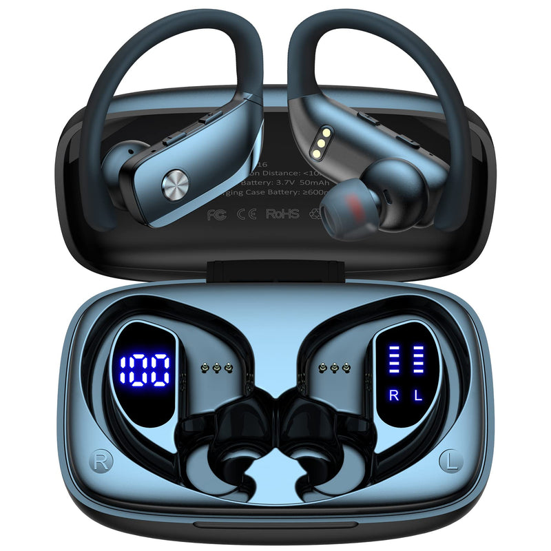 2 Sets Wireless Earbuds Bluetooth Headphones 48hrs Play Back Sport Earphones with LED Display Over-Ear Buds with Earhooks Built-in Mic Headset for Workout Black + Sky Blue