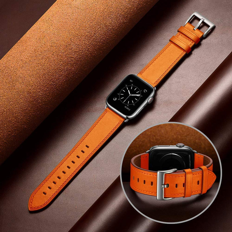 OUHENG Compatible with Apple Watch Band Genuine Leather Replacement Strap 49mm 45mm 44mm 42mm Dark Brown & Orange