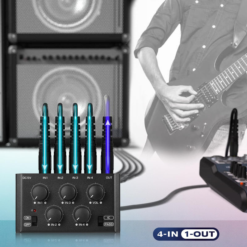 DoukAudio MC5-BX Mini Audio Mixer: 4-Channel Ultra Low-Noise Stereo Line Mixer for Home Studio Bar, Active & Passive Modes, Portable Metal Design for Musicians DJs