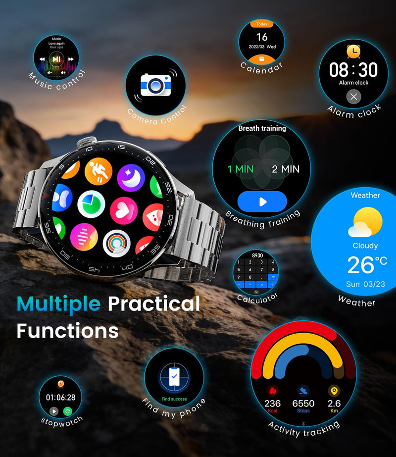Smart Watch for Men(Answer/Make Calls), 1,7'' HD Large Screen Men's Smartwatch with 800mAh Batterry/Flashlight/Heart Rate/Sleep Monitor/100+ Sport Modes, IP68 Waterproof Fitness Watch Silver Black
