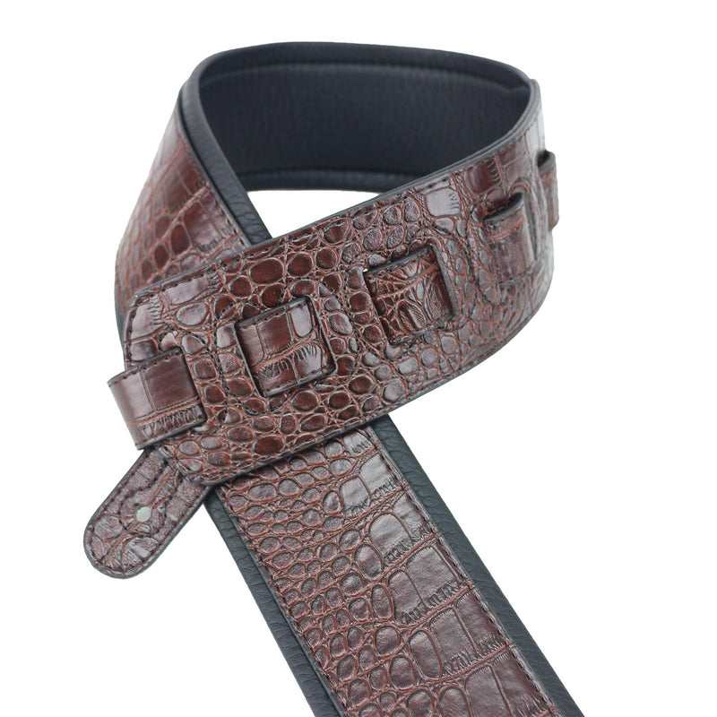 Walker & Williams F-12-C Cognac Brown 3" Wide Alligator Textured Padded Guitar Strap For Acoustic, Electric, And Bass Guitars