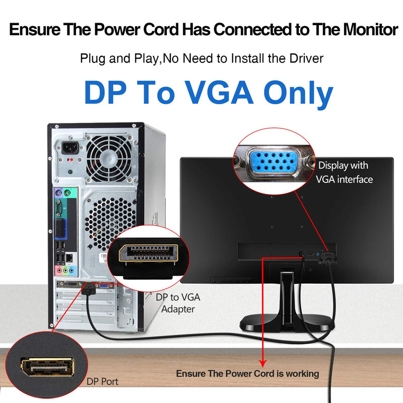 DisplayPort to VGA, DisplayPort to VGA Adapter 3 Feet Display Port to VGA Connects DP Port from Desktop or Laptop to Monitor with VGA Port (Not Bidirectional,Not Compatible with HDMI or USB) 1 pack