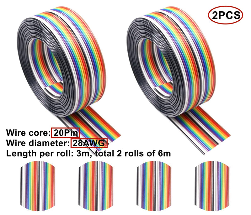 HUAZIZ 2 Rolls of Colourful Ribbon Cable, 1.27 mm Spacing Cable, 20 Pin Flat Rainbow Ribbon Cable for 2.54 mm Connectors, IDC Cable Rainbow (3 Metres/Rolls)