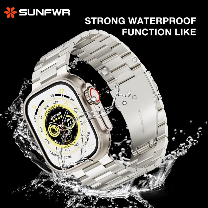SUNFWR Compatible with Apple Watch Band 49mm for Men Women, Stainless Steel Metal iWatch Band with Case + Top Grain Genuine Leather Band for Apple Watch Ultra/Ultra 2
