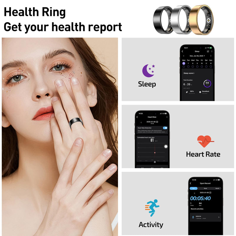 Smart Ring Health Tracker, Sleep&Exercise Monitor Heart Rate,Blood Oxygen,Fitness Trackers for Man&Women -Long Lasting Batteries,Waterproof Sleep Tracking Wearable (Black, 9)