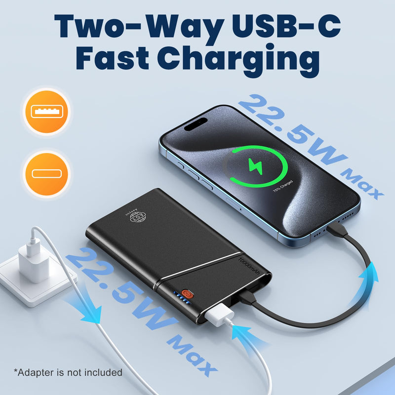 [AUSTRALIA] - Portable Charger, 22.5W PD Fast Charging 10000mAh Power Bank with Detachable USB C Cable for Travel, Slim Hands-Free External Battery Pack for iPhone 16/15/14 iPad Samsung S24 etc, Black 1 Pack 