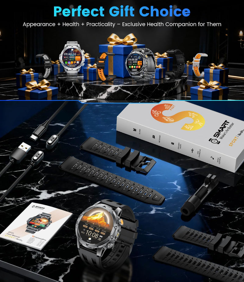 1.53'' Smart Watches for Men with 1000mAh Battery/Flashlight, Military Smart Watch with 120+ Sports Modes, Heart Rate/Sleep Monitor/IP68 Waterproof, Fitness Tracker for Android iOS, Jet Black