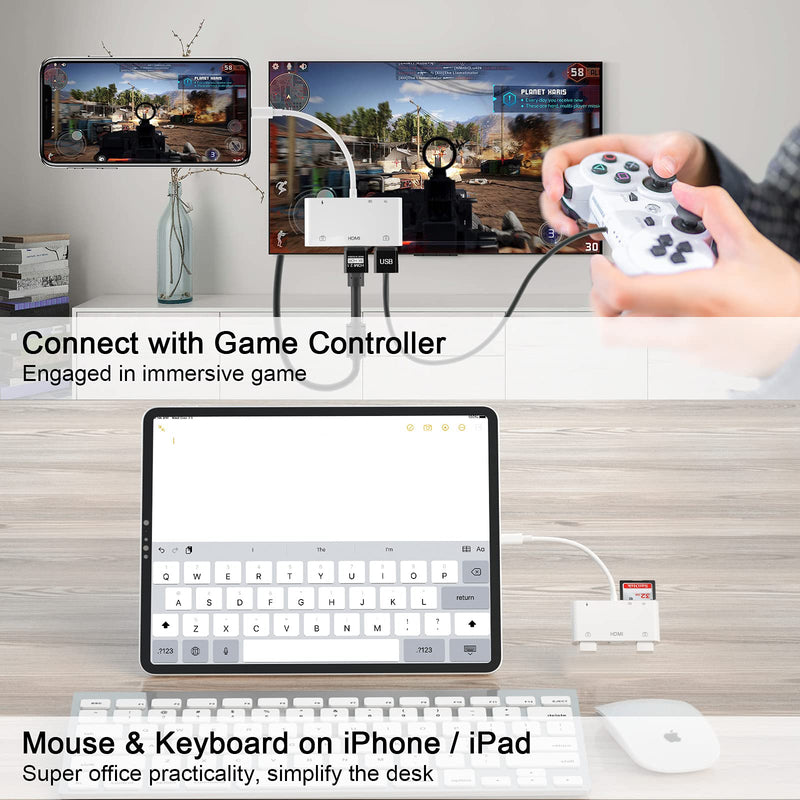 Memory Card Adapters, HDMI Digital AV Adapter, USB Female OTG Adapter, 6 in 1 USB Camera Adapter, SD Card Reader for iPhone iPad, Support MIDI Keyboard, Mouse, HD TV/Projector/Monitor, No APP Needed HDMI+2*USB adapter