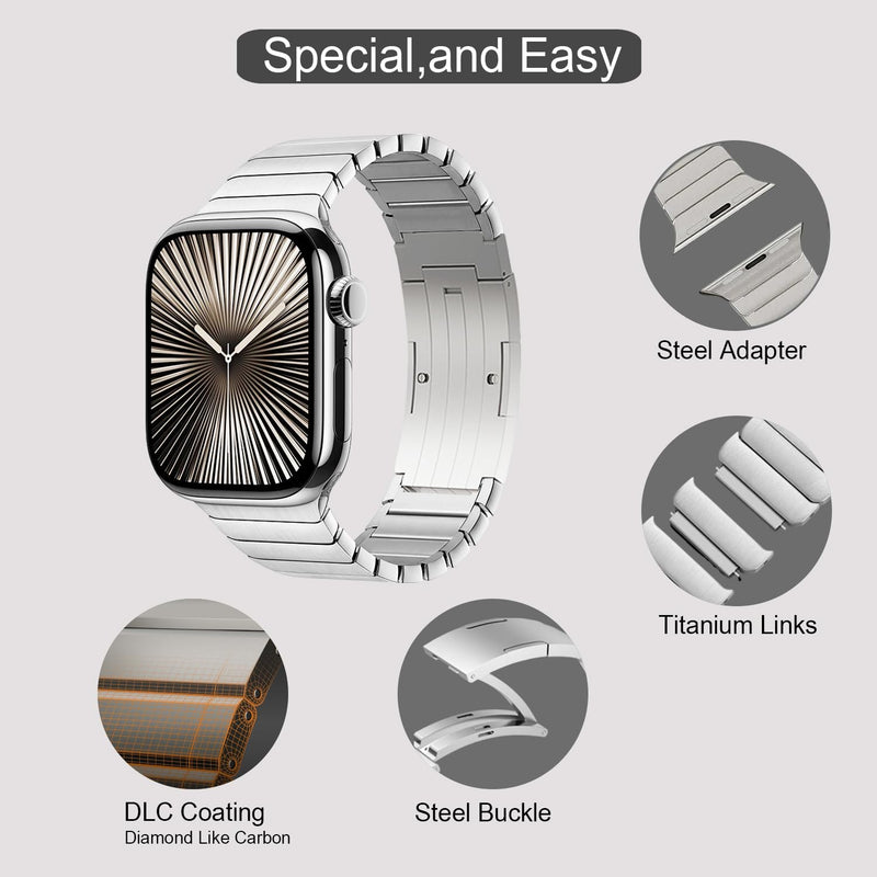 Titanium Band for Apple Watch 46mm/49mm, DLC Curved Link Bracelet, Silver | MaKTech DLC Coating Scratch-Resistant, Lightweight Metal, for Apple Watch 11/10 46mm, Ultra 3/2 49mm, 9/8 45mm, SE 3/2 44mm