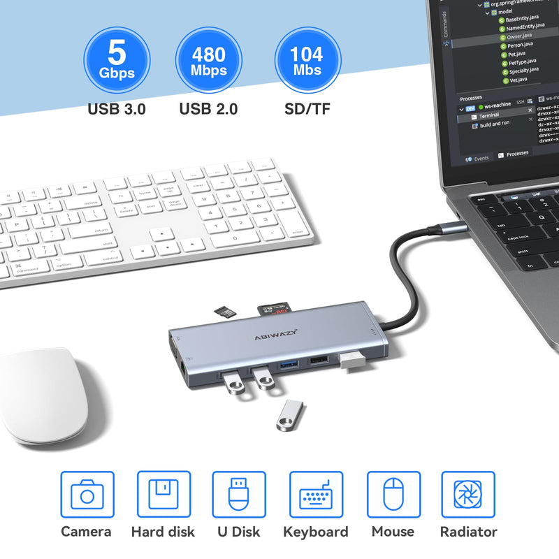 USB C Docking Station Dual Monitor Triple Display USBC Hub Multiple Adapter | USB C Dongle 14 in 1 Dock with 2 HDMI 4K+VGA+5 Port+100W PD Charger+Ethernet+SD/TF+Audio for Dell/HP/Lenovo/Surface Laptop Grey