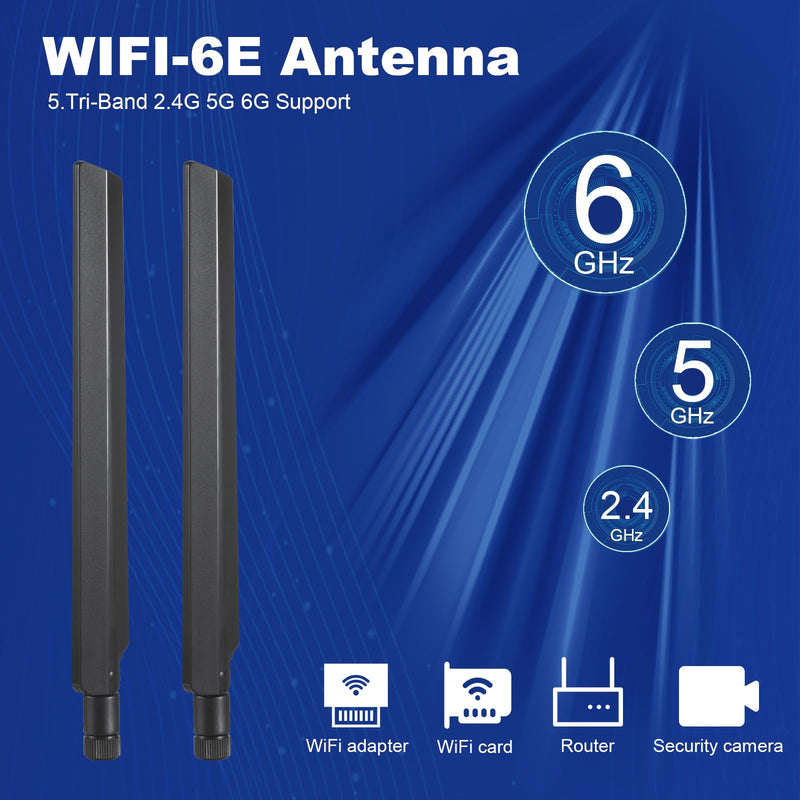 WiFi 6 6E Tri-Band 2.4GHz + 5 GHz + 6GHz 9dBi Omnidirectional Antenna for PC Desktop Computer PCI-E WiFi 6E Network Card Adapter Bluetooth Card Wireless Router（Pack of 2