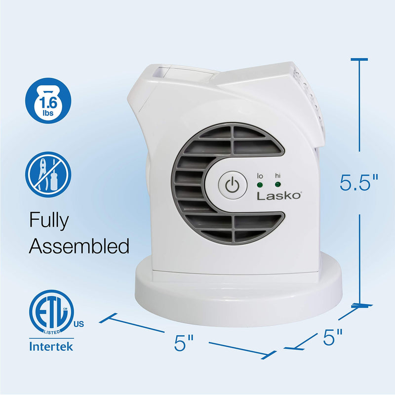 Lasko MyCool D300 Mini USB Desk Fan with 40in. USB Cable and Bonus AC Adapter – Small Quiet Portable Personal 2-Speed Fans for Staying Cool at Home, Work, Office, Dorm, Car, and Travel, White