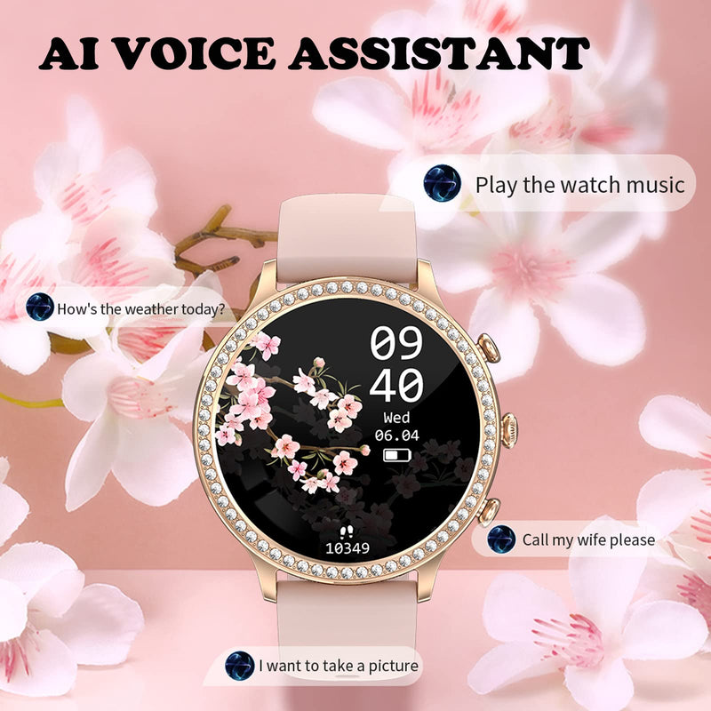 Loluka Pink Smart Watches for Women with Diamonds, Answer/Make Call Ladies Bluetooth Smartwatch for Android and iOS Phones, Rhinestone Fitness Activity Tracker Sleep Tracker Pedometer
