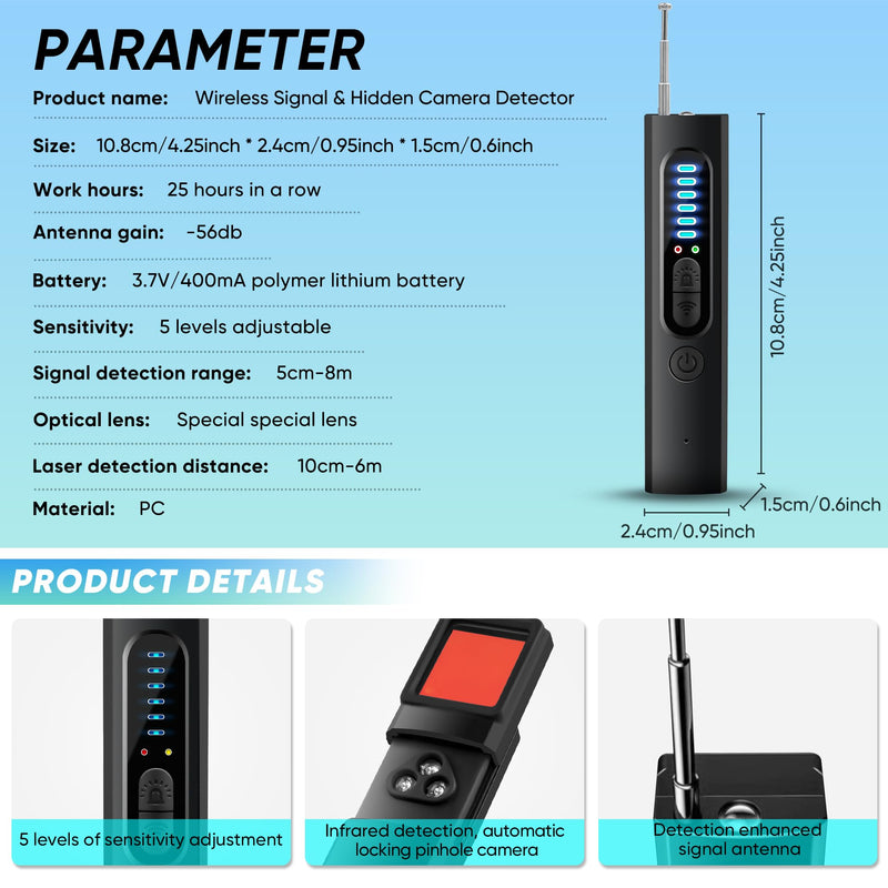 Hidden Camera Detector, 2024 Anti-Spy Camera Detector, Hidden Device GPS Detector, Bug Detector, Rf Wireless Signal Scanner, Camera Detector for Hotels, Home, Office, 5 Levels Sensitivity (Black) Black