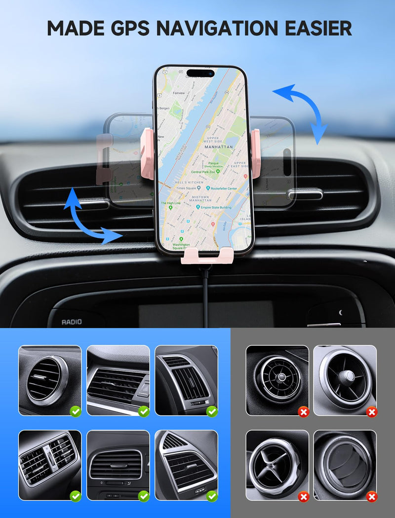 Wireless Car Charger 15W Auto Clamping Phone Holder Dash Windshield Vent | Car Charger Compatible with iPhone 17 16 15 14/13/13 Pro/12 pro/12/11/X/8, Samsung S24/S23/S22 Pink