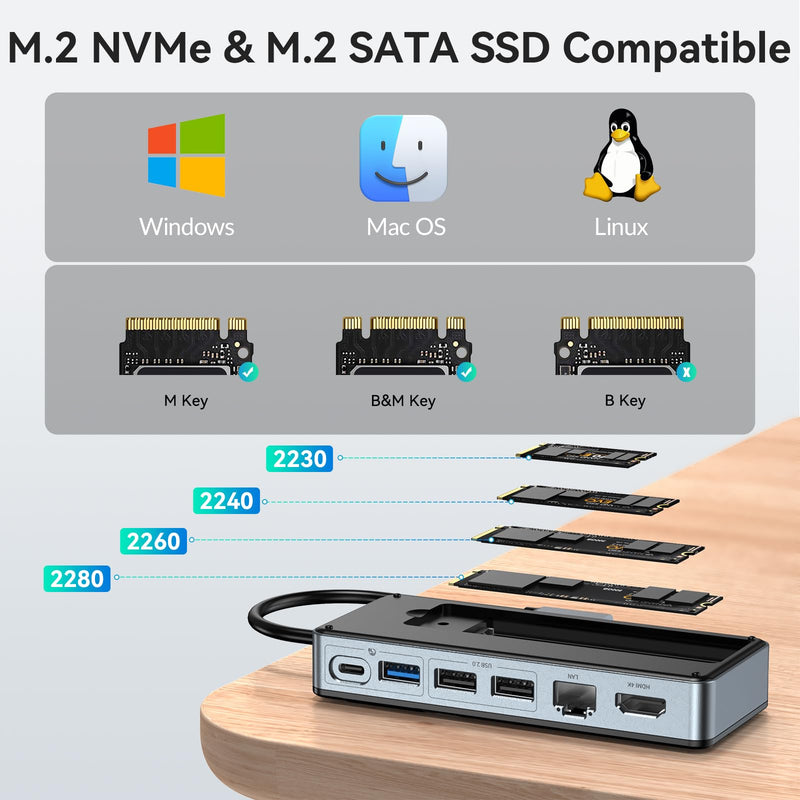 Yottamaster USB C Hub with 4TB M.2 NVMe SSD Enclosure, 8 Ports USB C HUB Adapter 10Gbps USB 3.2 Gen2, 4K@60Hz HDMI, 100W PD, Ethernet for Windows, Mac [Diskless] - YM28PR YM28PR with Ethernet