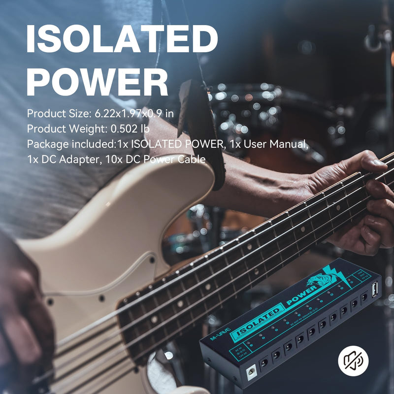 M-VAVE Guitar Pedal Isolated Power Supply Portable for Bass Effect 11 Isolated Multiple Output DC 9V 5V USB Output LED Light 300mA 1A Portable Guitar Cables