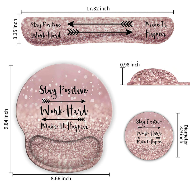 Ergonomic Mouse Pad Wrist Support Gel and Keyboard Wrist Rest Set for Laptop , Gaming and Office, Durable, Comfortable and Pain Relief + Coaster,Stay Positive Work Hard and Make It Happen Pink Glitter