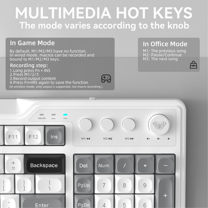 Aula F3099 Wireless Keyboard with Media Knob, Tri-Mode BT5.0/2.4GHz/USB-C Cute Creamy Keyboard with Number Pad, RGB Backlit Gaming Keyboard, Quiet Typing Computer Keyboards for Office Laptop/PC Black&White&Grey