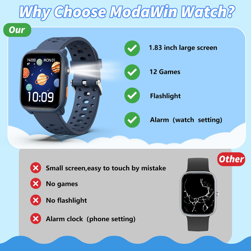 Kids Smart Watch 2-Pack: Gaming Watch & Sports Watch, 1.83" + 1.5”HD Screen, Heart Rate/Sleep Monitor, Pedometer, Alarm, IP68 Waterproof, Gift for Boys Girls 6-16