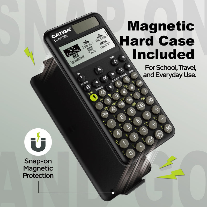 CATIGA Black Scientific Calculator with Textbook-Style HD Display, Solar & Battery Scientific Calculators for College, High School & Engineering Students, Icon Menu & Magnetic Hard Case, CS-991NX