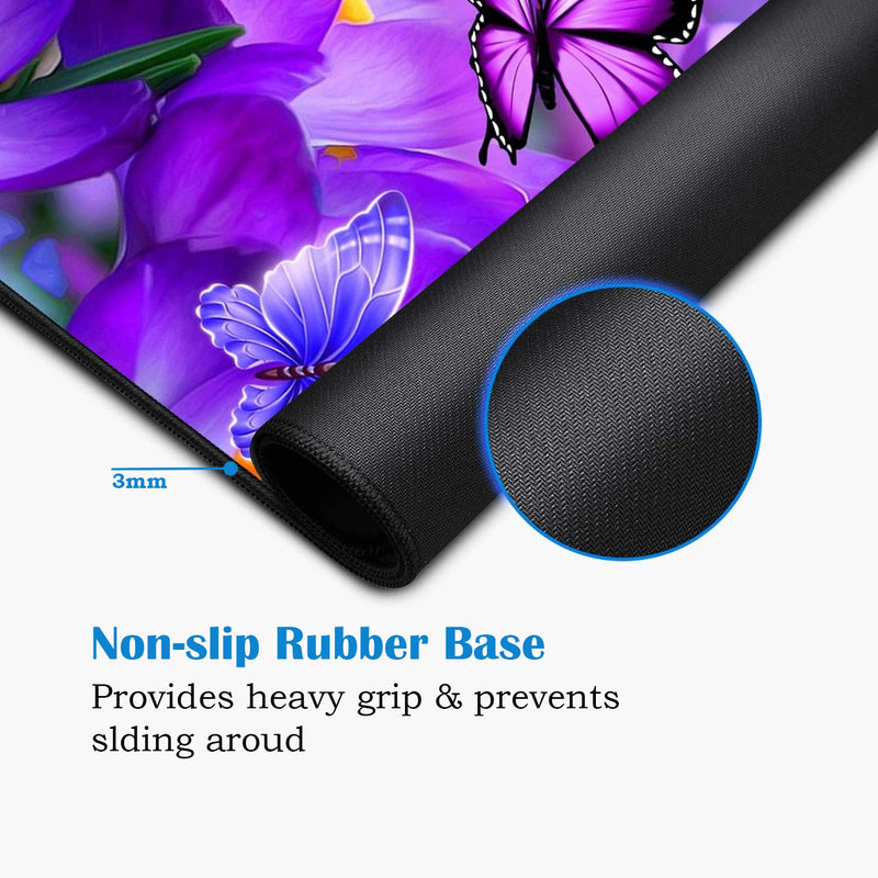 Luasao Desk Pad Mat Gaming Mouse Pads with Coasters, Stitched Edges Design Mouse Pad XXL Large Mouse Pad for Laptop Computers Purple Flowers and Butterflies Desk Writing Mat for Office & Home