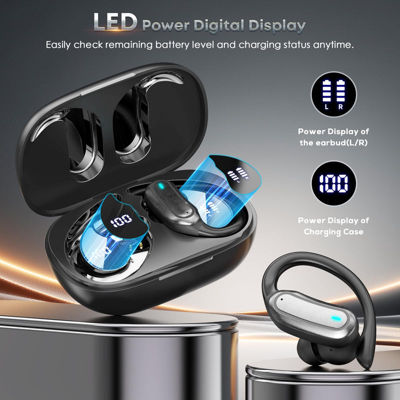 Wireless Earbuds Bluetooth Headphones, 54H Playtime Full Stereo Over Ear Buds with ENC Noise Cancelling, LED Power Display, IPX7 Waterproof Sport Earphones with Earhooks for Running/Workouts Black Soft Black