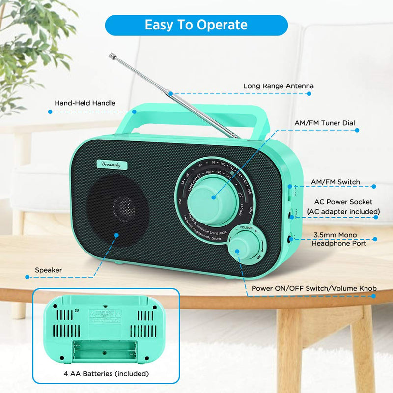 DreamSky AM FM Portable Radio Plug in Wall or Battery Operated for Home & Outdoor, Strong Reception, Large Dial Easy to Use, Transistor Antenna, Headphone Jack, Small Gifts for Seniors Elderly Green