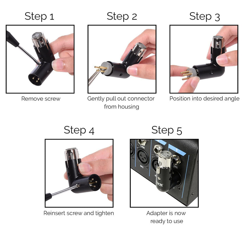 LyxPro XLR Angle Adapter Dual Male and Female can be positioned to 4 Different Angles Right Left and 90 Degree Great for Mixers That Interfere with Other Applications - 4 Pack