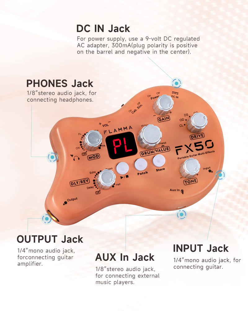 FLAMMA FX50 Practice Guitar Pedal Multi Effects Pedal Mini Portable with 40 Drum Rhythms15 Effects 32 Patches Tuner Function Support Both Corded and Battery Powered FX50 Orange