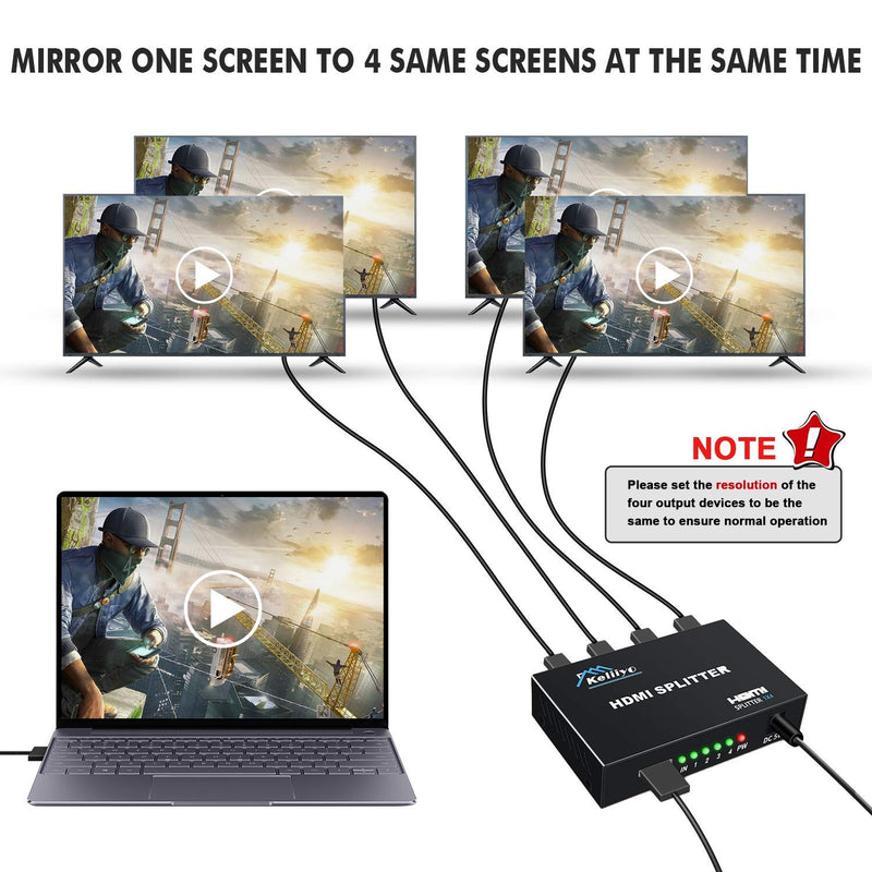 HDMI Splitter 1 in 4 Out V1.4b Powered HDMI Video Splitter with AC Adaptor Duplicate/Mirror Screen Monitor Supports Ultra HD 1080P 2K x4K@30Hz and 3D Resolutions (1 Input to 4 Outputs)