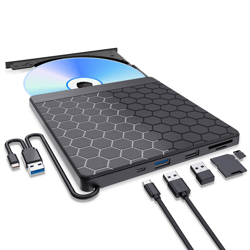External CD/DVD Drive for Laptop, 5-in-1 USB 3.0 CD Burner with 2 USB Ports and TF/SD Card Slots, DVD Player for Laptop, Mac, PC, Windows 11/10/8.1/7 Linux OS Apple